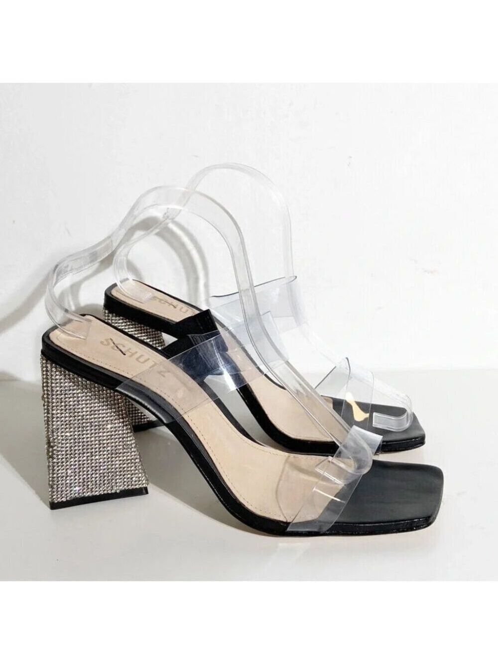 New Schutz Ariellen Vinyl Crystal Block-Heel Sandals Black size 6